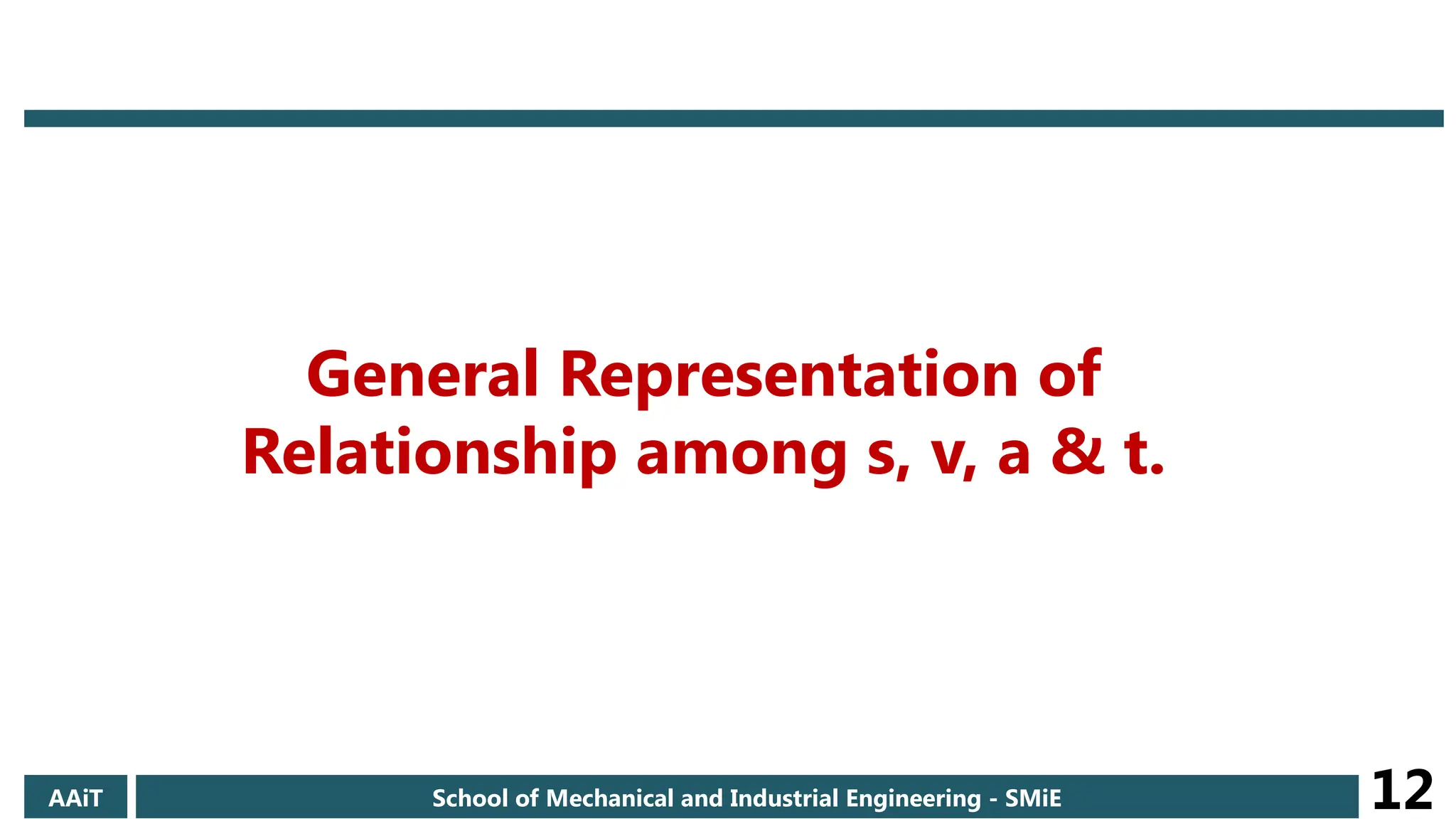AAiT School of Mechanical and Industrial Engineering - SMiE 12
General Representation of
Relationship among s, v, a & t.
 