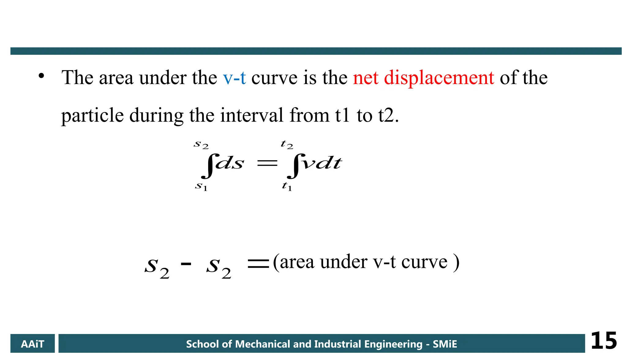 • The area under the v-t curve is the net displacement of the
particle during the interval from t1 to t2.
(area under v-t curve )
 

2
1
2
1
s
s
t
t
vdt
ds

 2
2 s
s
AAiT School of Mechanical and Industrial Engineering - SMiE 15
 