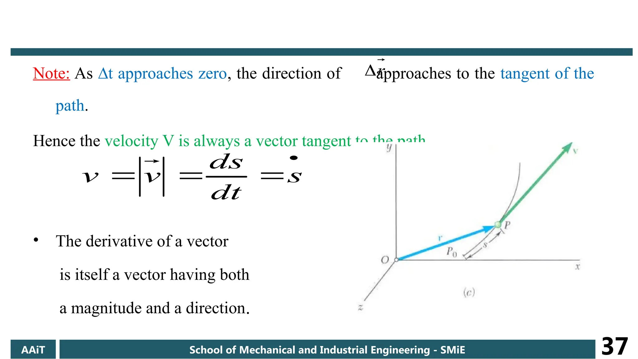 Note: As ∆t approaches zero, the direction of approaches to the tangent of the
path.
Hence the velocity V is always a vector tangent to the path.
• The derivative of a vector
is itself a vector having both
a magnitude and a direction.
r




 s
dt
ds
v
v
AAiT School of Mechanical and Industrial Engineering - SMiE 37
 