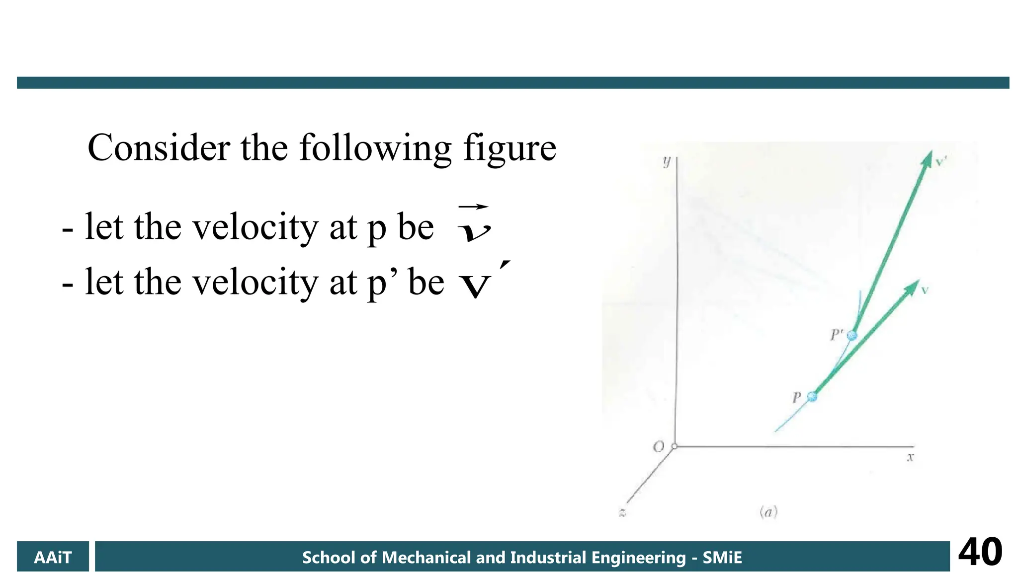 Consider the following figure
- let the velocity at p be
- let the velocity at p’ be
v
v


AAiT School of Mechanical and Industrial Engineering - SMiE 40
 