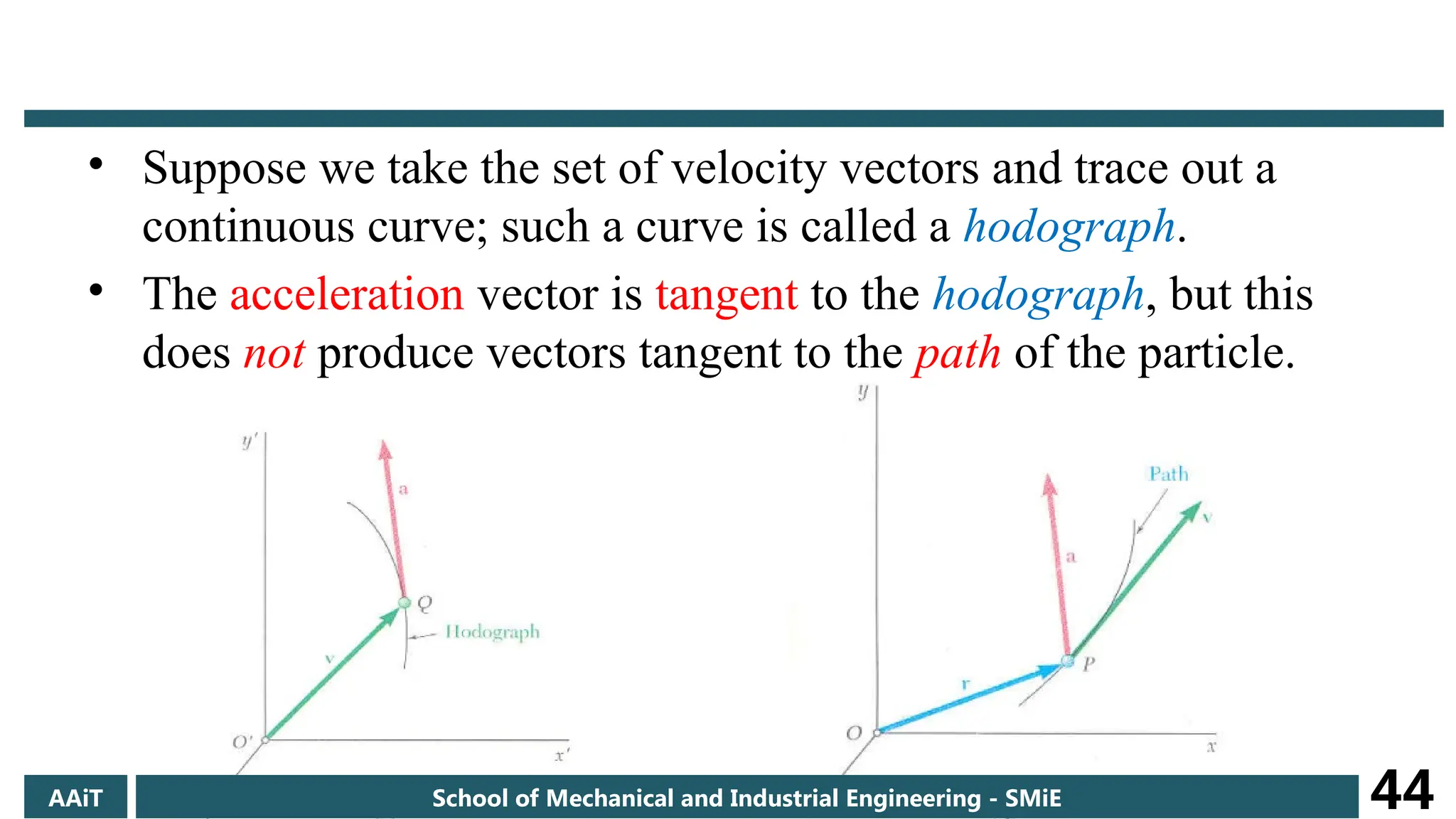 • Suppose we take the set of velocity vectors and trace out a
continuous curve; such a curve is called a hodograph.
• The acceleration vector is tangent to the hodograph, but this
does not produce vectors tangent to the path of the particle.
AAiT School of Mechanical and Industrial Engineering - SMiE 44
 