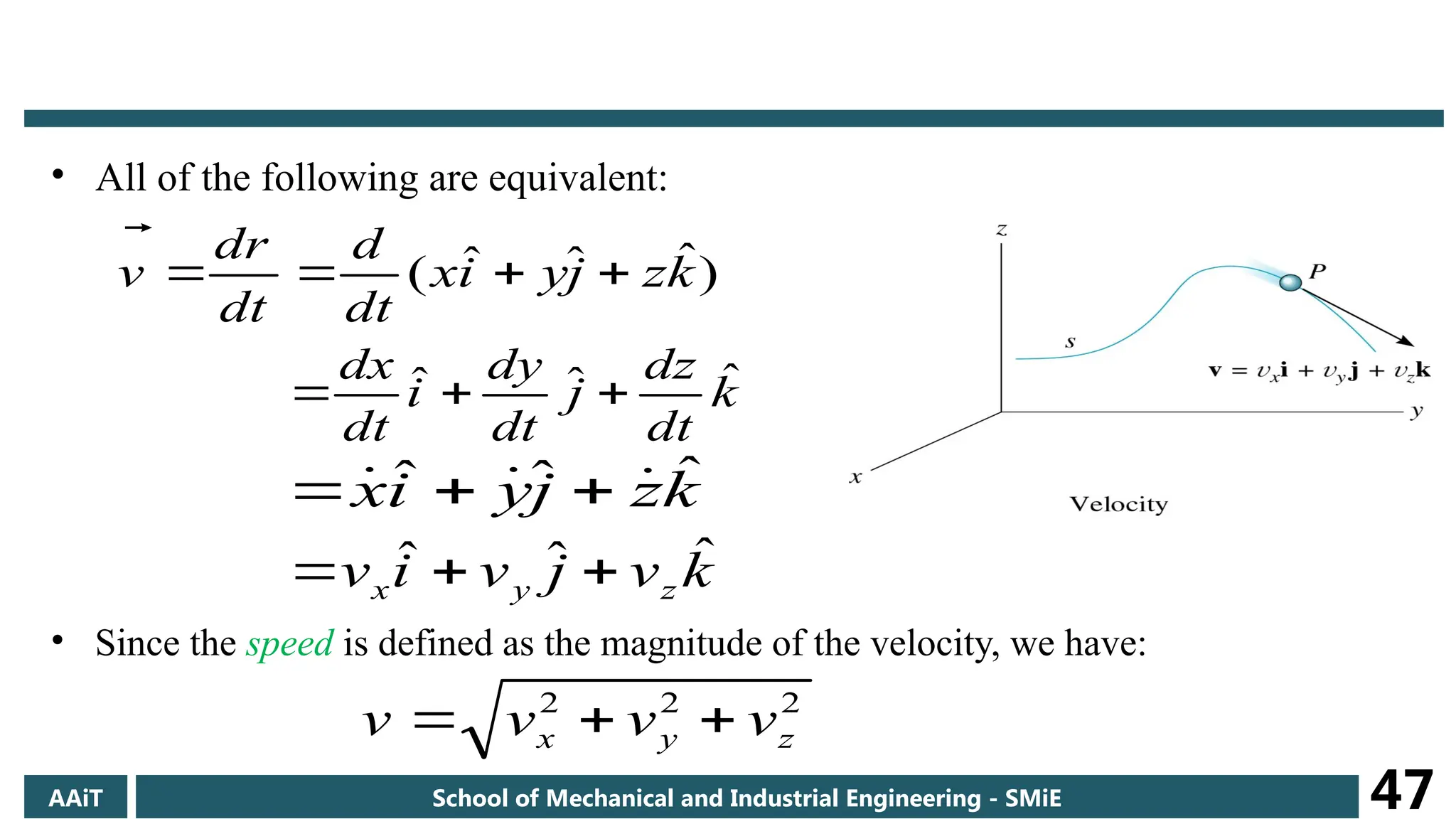 • All of the following are equivalent:
)
ˆ
ˆ
ˆ
( k
z
j
y
i
x
dt
d
dt
r
d
v 





k
dt
dz
j
dt
dy
i
dt
dx ˆ
ˆ
ˆ 


k
v
j
v
i
v z
y
x
ˆ
ˆ
ˆ 


k
z
j
y
i
x ˆ
ˆ
ˆ 

 


• Since the speed is defined as the magnitude of the velocity, we have:
2
2
2
z
y
x v
v
v
v 


AAiT School of Mechanical and Industrial Engineering - SMiE 47
 