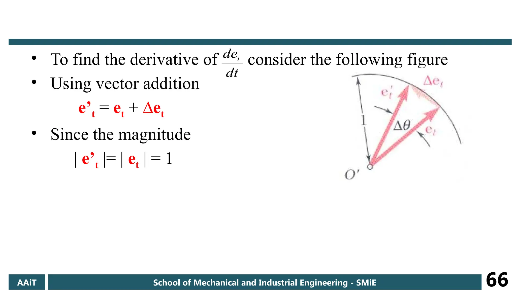 • To find the derivative of consider the following figure
• Using vector addition
e’t = et + ∆et
• Since the magnitude
| e’t |= | et | = 1
dt
det
AAiT School of Mechanical and Industrial Engineering - SMiE 66
 