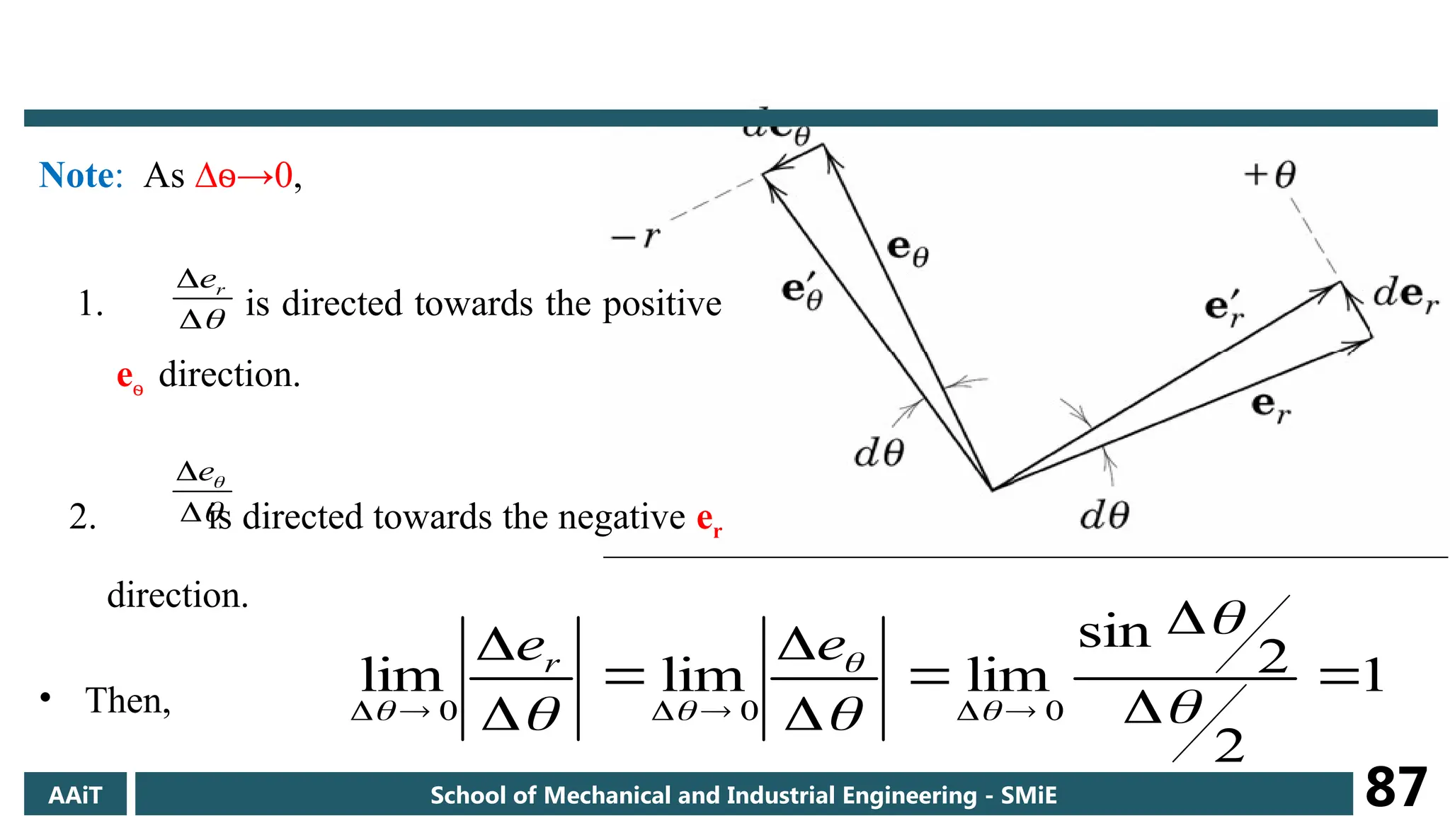 Note: As ∆ →
ѳ 0,
1. is directed towards the positive
eѳ direction.
2. is directed towards the negative er
direction.
• Then,


 r
e



e
1
2
2
sin
lim
lim
lim
0
0
0














 


 



e
er
AAiT School of Mechanical and Industrial Engineering - SMiE 87
 