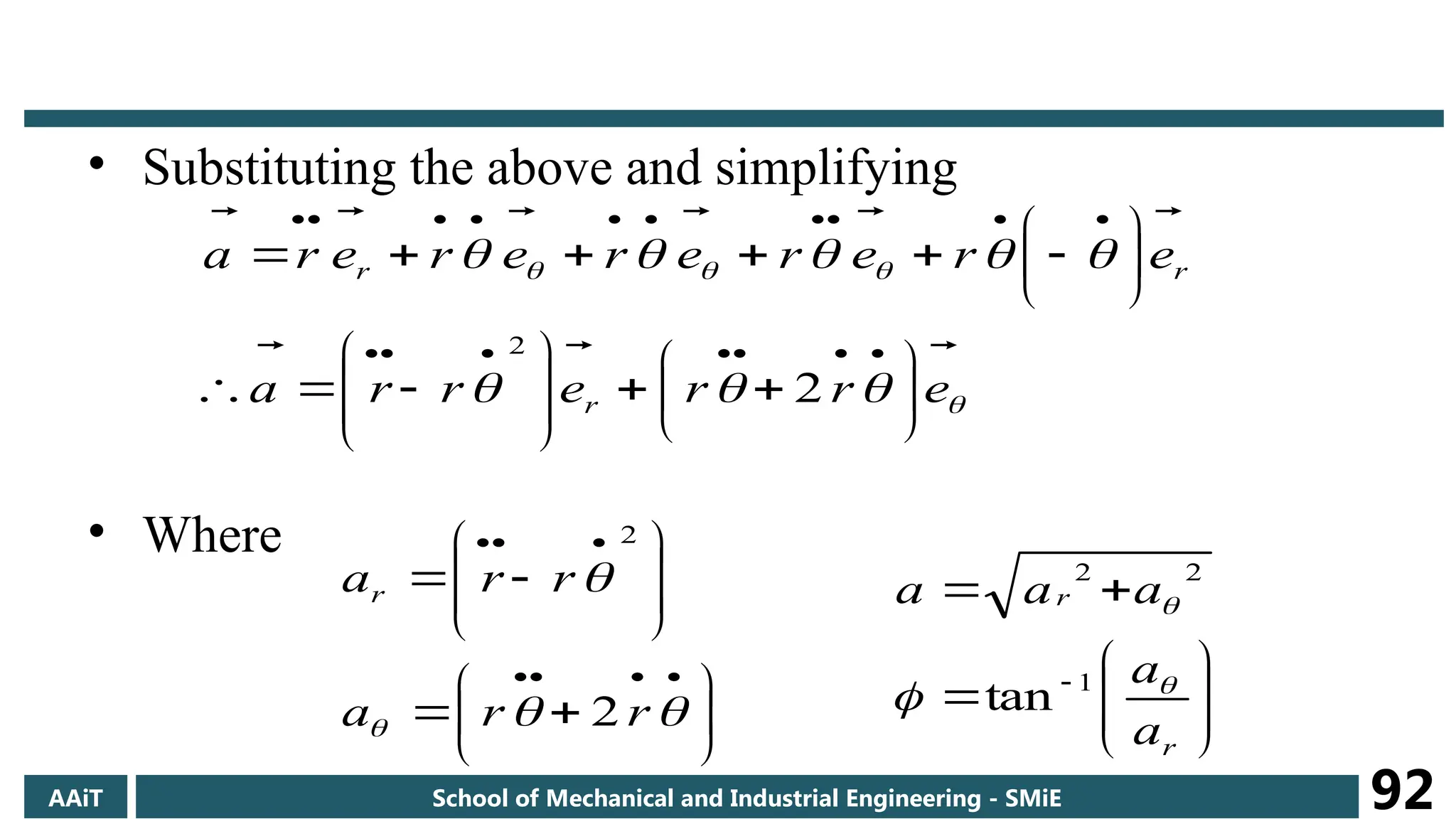 • Substituting the above and simplifying
• Where












e
r
r
e
r
r
a
e
r
e
r
e
r
e
r
e
r
a
r
r
r

























































2
2




























 r
r
a
r
r
ar
2
2












r
r
a
a
a
a
a


 1
2
2
tan
AAiT School of Mechanical and Industrial Engineering - SMiE 92
 