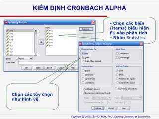 KI?M ??NH CRONBACH ALPHA
- Ch?n cc bi?n
(items) bi?u hi?n
F1 vo ph?n tch
- Nh?n Statistics

Ch?n cc ty ch?n
nh? hnh v?

Copyright @ 2009, L? V?N HUY, PhD., Danang University of Economics

 