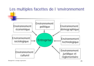 Management, stratégie organisation
20
Les multiples facettes de l ’environnement
Entreprise
Environnement
politique Environnement
démographique
Environnement
technologique
Environnement
juridique et
réglementaire
Environnement
culturel
Environnement
sociologique
Environnement
économique
 