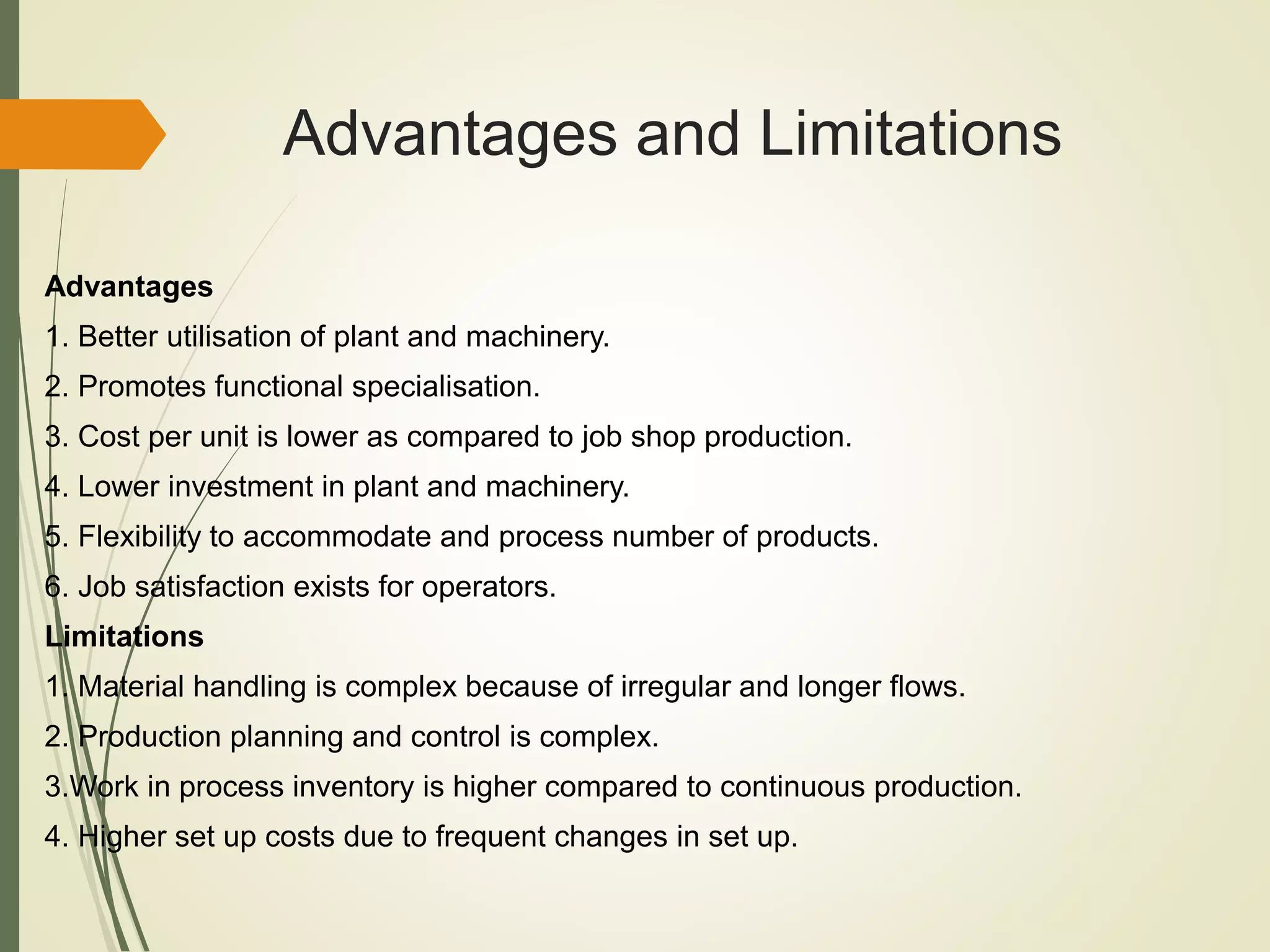 Advantages and Limitations
Advantages
1. Better utilisation of plant and machinery.
2. Promotes functional specialisation.
3. Cost per unit is lower as compared to job shop production.
4. Lower investment in plant and machinery.
5. Flexibility to accommodate and process number of products.
6. Job satisfaction exists for operators.
Limitations
1. Material handling is complex because of irregular and longer flows.
2. Production planning and control is complex.
3.Work in process inventory is higher compared to continuous production.
4. Higher set up costs due to frequent changes in set up.
 
