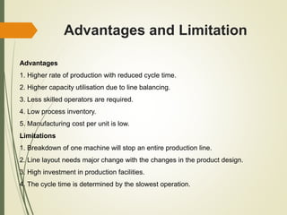 Advantages and Limitation
Advantages
1. Higher rate of production with reduced cycle time.
2. Higher capacity utilisation due to line balancing.
3. Less skilled operators are required.
4. Low process inventory.
5. Manufacturing cost per unit is low.
Limitations
1. Breakdown of one machine will stop an entire production line.
2. Line layout needs major change with the changes in the product design.
3. High investment in production facilities.
4. The cycle time is determined by the slowest operation.
 