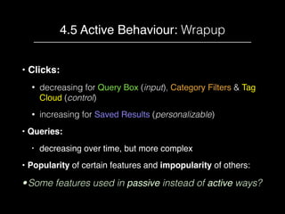4.5 Active Behaviour: Wrapup
• Clicks:
• decreasing for Query Box (input), Category Filters & Tag
Cloud (control)
• increa...