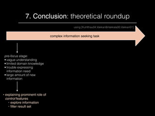 7. Conclusion: theoretical roundup
complex information seeking task
pre-focus stage:
• vague understanding
• limited domai...