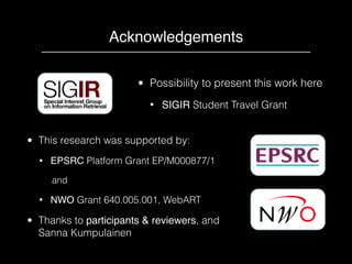 Acknowledgements
• This research was supported by:
• EPSRC Platform Grant EP/M000877/1
and
• NWO Grant 640.005.001, WebART...