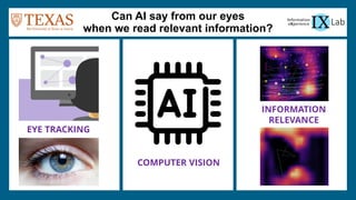 EYE TRACKING
COMPUTER VISION
INFORMATION
RELEVANCE
Can AI say from our eyes
when we read relevant information?
 