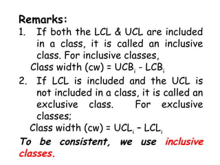 Remarks:
1. If both the LCL & UCL are included
in a class, it is called an inclusive
class. For inclusive classes,
Class width (cw) = UCBi
- LCBi
2. If LCL is included and the UCL is
not included in a class, it is called an
exclusive class. For exclusive
classes;
Class width (cw) = UCLi
– LCLi
To be consistent, we use inclusive
classes.
 