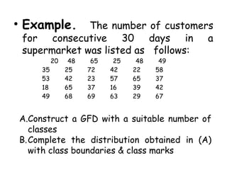 • Example. The number of customers
for consecutive 30 days in a
supermarket was listed as follows:
20 48 65 25 48 49
35 25 72 42 22 58
53 42 23 57 65 37
18 65 37 16 39 42
49 68 69 63 29 67
A.Construct a GFD with a suitable number of
classes
B.Complete the distribution obtained in (A)
with class boundaries & class marks
 