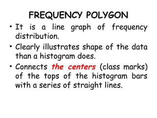 FREQUENCY POLYGON
• It is a line graph of frequency
distribution.
• Clearly illustrates shape of the data
than a histogram does.
• Connects the centers (class marks)
of the tops of the histogram bars
with a series of straight lines.
 