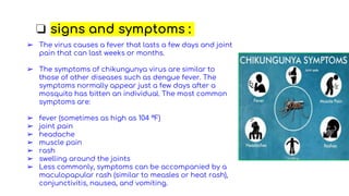 ➢ The virus causes a fever that lasts a few days and joint
pain that can last weeks or months.
➢ The symptoms of chikungunya virus are similar to
those of other diseases such as dengue fever. The
symptoms normally appear just a few days after a
mosquito has bitten an individual. The most common
symptoms are:
➢ fever (sometimes as high as 104 °F)
➢ joint pain
➢ headache
➢ muscle pain
➢ rash
➢ swelling around the joints
➢ Less commonly, symptoms can be accompanied by a
maculopapular rash (similar to measles or heat rash),
conjunctivitis, nausea, and vomiting.
❏ signs and symptoms :
 
