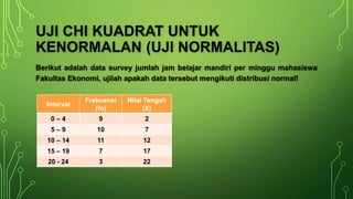 Berikut adalah data survey jumlah jam belajar mandiri per minggu mahasiswa
Fakultas Ekonomi, ujilah apakah data tersebut mengikuti distribusi normal!
UJI CHI KUADRAT UNTUK
KENORMALAN (UJI NORMALITAS)
Interval
Frekuensi
(fo)
Nilai Tengah
(X)
0 – 4 9 2
5 – 9 10 7
10 – 14 11 12
15 – 19 7 17
20 - 24 3 22
 