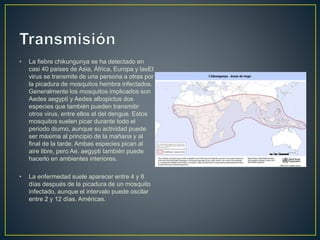 • La fiebre chikungunya se ha detectado en 
casi 40 países de Asia, África, Europa y lasEl 
virus se transmite de una persona a otras por 
la picadura de mosquitos hembra infectados. 
Generalmente los mosquitos implicados son 
Aedes aegypti y Aedes albopictus dos 
especies que también pueden transmitir 
otros virus, entre ellos el del dengue. Estos 
mosquitos suelen picar durante todo el 
periodo diurno, aunque su actividad puede 
ser máxima al principio de la mañana y al 
final de la tarde. Ambas especies pican al 
aire libre, pero Ae. aegypti también puede 
hacerlo en ambientes interiores. 
• La enfermedad suele aparecer entre 4 y 8 
días después de la picadura de un mosquito 
infectado, aunque el intervalo puede oscilar 
entre 2 y 12 días. Américas. 
 