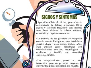 SIGNOS Y SÍNTOMAS 
Aparición súbita de fiebre, generalmente 
acompañada de dolores articulares. Otros 
signos y síntomas frecuentes son: dolores 
musculares, dolores de cabeza, náuseas, 
cansancio y erupciones cutáneas. 
La mayoría de los pacientes se recuperan 
completamente. En algunos casos los dolores 
pueden durar varios meses, incluso años. 
Han existido casos ocasionales con 
complicaciones oculares, neurológicas y 
cardiacas, y también con molestias 
gastrointestinales. 
Las complicaciones graves no son 
frecuentes, pero en personas mayores la 
enfermedad puede contribuir a la muerte. 
 