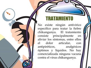 TRATAMIENTO 
No existe ningún antivírico 
específico para tratar la fiebre 
chikungunya. El tratamiento 
consiste principalmente en 
aliviar los síntomas, entre ellos 
el dolor articular, con 
antipiréticos, analgésicos 
óptimos y líquidos. No hay 
comercializada ninguna vacuna 
contra el virus chikungunya. 
 