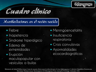 Ministerio de Salud Pública (2014). Guía de manejo clínico para la infección por el virus Chikungunya (1° edición): República Dominicana
Morrison, Thomas (2014). Reemergence of Chikungunya Virus. Journal of Virology: Colorado, USA.
 