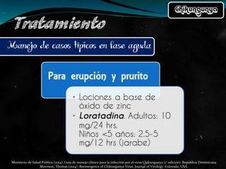 Ministerio de Salud Pública (2014). Guía de manejo clínico para la infección por el virus Chikungunya (1° edición): República Dominicana
Morrison, Thomas (2014). Reemergence of Chikungunya Virus. Journal of Virology: Colorado, USA.
 