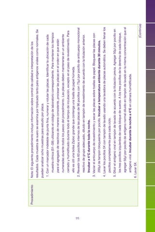 95
ProcedimientoNota:Elsiguienteprocedimientoincluyeinformaciónsobrecontroldecalidadeinterpretacióndelos
resultados.Cadamuestradesueroseexaminaportriplicadotantoparaantígenosviralescomonormales.Se
puedenanalizarochomuestrasparaestudioporplaca.
1.Conunmarcadorindelebledepuntafina,numeraryrotularlasplacas.Identificarlaubicacióndecada
muestraclínica(S1−S8)utilizandoelcódigodelaboratoriocorrespondiente.Paramantenerlostiempos
paraelagregadodereactivosdemaneraconsistente,procesarlasplacasenelordenenqueestán
numeradasdurantetodoslospasosdelprocedimiento.Lasplacasdebenmantenerseenunambiente
cerradoyhumidificadodurantetodoeltiempodeincubación,exceptoenelpasoderevestimiento.Para
elloesútilunabolsaZiplocgrandequecontengaunatoalladepapelhúmeda.
2.Revestirlos60pocillosinternosdelasplacasde96pocilloscon75μlporpocillodeanticuerpomonoclonal
reactivodegrupoadecuado,diluidoentampónderevestimientodeacuerdoconlatitulaciónanterior.
Incubara4°Cdurantetodalanoche.
3.Vaciarelanticuerpoderevestimientoysecarlasplacassobretoallasdepapel.Bloquearlasplacascon
200μldetampónbloqueanteporpocillo.Incubaratemperaturaambientedurante30minutos.
4.Lavarlospocillos5Xcontampóndelavadousandounalavadoradeplacasautomática.Sedebenllenarlos
pocilloscompletamenteparacadaciclo.
5.Diluirelantígenoviralentampóndelavadodeacuerdoconlatitulaciónprevia.Agregar50μlporpocilloen
lostrespocillosizquierdosdecadabloquedesueros.Alostrespocillosdeladerechadecadabloque,
agregar50μlporpocillodeantígenonormaldiluidoentampóndelavadoenlamismaconcentraciónqueel
antígenoviral.Incubardurantelanochea4°Cencámarahumidificada.
6.Lavar5X.
(Continúa)
 