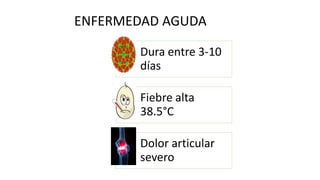 Dura entre 3-10
días
Fiebre alta
38.5°C
Dolor articular
severo
ENFERMEDAD AGUDA
 