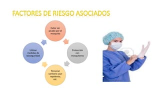 Evitar ser
picado por el
mosquito
Protección
con
mosquiteros
Personal
sanitario usar
repelente;
etc.
Utilizar
medidas de
bioseguridad
 