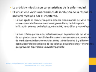 • La artritis y miositis son características de la enfermedad.
• El virus tiene varios mecanismos de inhibición de la respuesta
antiviral mediada por el interferón.
• La fase aguda se caracteriza por la extensa diseminación del virus con
una respuesta inflamatoria en los órganos diana, definida por la
infiltración extensa de linfocitos, células NK, neutrófilos y macrófagos.
• La fase crónica parece estar relacionada con la persistencia del virus o
de sus productos en las células diana con la consecuente acumulación
de mediadores inflamatorios tales como la interleukina 6 y el factor
estimulador del crecimiento de las colonias de granulocitos – monocitos
que provocan hiperplasia sinovial importante
Revista Cubana de Medicina, Rev cubana med vol.54 no.1 Ciudad de la
Habana ene.-mar. 2015, ISSN 1561-302X
 