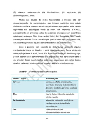 17
(2), doença cerobrovascular (1), hipotireoidismo (1), septicemia (1)
(Economopoulo A, 2009).
Muitas das causas de óbitos relacionadas a infecção são por
descompensação de comorbidades, que incluem pacientes com prévia
disfunção cardíaca, doenças renais ou pulmonares que podem estar sendo
registradas nas declarações oficial de óbito, sem referência a CHIKV,
principalmente em primeiros surtos de epidemias em região sem experiência
prévia com a doença. Além disso, o diagnóstico de infecção por CHIKV pode
não ser pensado nos óbitos causados por quadros neurológicos e pneumonite,
em pacientes jovens ou aqueles sem antecedentes de comorbidades.
Caso o paciente com suspeita de chikungunya apresente alguma
manifestação listada no Quadro 1, será classificado como forma atípica da
doença (Rajapakse S, et al., 2010). Em áreas com circulação de chikungunya,
podem ocorrer casos com manifestações atípicas que não apresentam febre e
dor articular. Essas manifestações podem ser ocasionadas por efeitos diretos
do vírus, pela resposta imunológica ou pela toxicidade a medicamentos.
Quadro 1 – Formas atípicas de chikungunya.
Sistema / órgão Manifestações
Nervoso Meningoencefalite, encefalopatia,
convulsão, Síndrome de Guillain-Barré,
Síndrome cerebelar, paresias, paralisias
e neuropatias.
Olho Neurite óptica, iridociclite, episclerite,
retinite e uveíte.
Cardiovascular Miocardite, pericardite, insuficiência
cardíaca, arritmia, instabilidade
hemodinâmica.
Pele Hiperpigmentação por
fotossensibilidade, dermatoses
 