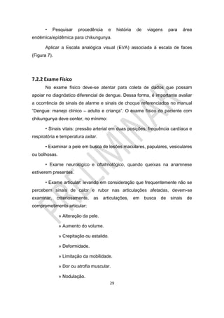 29
• Pesquisar procedência e história de viagens para área
endêmica/epidêmica para chikungunya.
Aplicar a Escala analógica visual (EVA) associada à escala de faces
(Figura 7).
7.2.2 Exame Físico
No exame físico deve-se atentar para coleta de dados que possam
apoiar no diagnóstico diferencial de dengue. Dessa forma, é importante avaliar
a ocorrência de sinais de alarme e sinais de choque referenciados no manual
“Dengue: manejo clínico – adulto e criança”. O exame físico do paciente com
chikungunya deve conter, no mínimo:
• Sinais vitais: pressão arterial em duas posições, frequência cardíaca e
respiratória e temperatura axilar.
• Examinar a pele em busca de lesões maculares, papulares, vesiculares
ou bolhosas.
• Exame neurológico e oftalmológico, quando queixas na anamnese
estiverem presentes.
• Exame articular: levando em consideração que frequentemente não se
percebem sinais de calor e rubor nas articulações afetadas, devem-se
examinar, criteriosamente, as articulações, em busca de sinais de
comprometimento articular:
» Alteração da pele.
» Aumento do volume.
» Crepitação ou estalido.
» Deformidade.
» Limitação da mobilidade.
» Dor ou atrofia muscular.
» Nodulação.
 