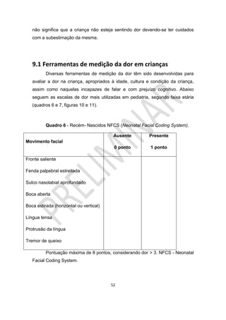 52
não significa que a criança não esteja sentindo dor devendo-se ter cuidados
com a subestimação da mesma.
9.1 Ferramentas de medição da dor em crianças
Diversas ferramentas de medição da dor têm sido desenvolvidas para
avaliar a dor na criança, apropriados à idade, cultura e condição da criança,
assim como naquelas incapazes de falar e com prejuízo cognitivo. Abaixo
seguem as escalas de dor mais utilizadas em pediatria, segundo faixa etária
(quadros 6 e 7, figuras 10 e 11).
Quadro 6 - Recém- Nascidos NFCS (Neonatal Facial Coding System).
Movimento facial
Ausente
0 ponto
Presente
1 ponto
Fronte saliente
Fenda palpebral estreitada
Sulco nasolabial aprofundado
Boca aberta
Boca estirada (horizontal ou vertical)
Língua tensa
Protrusão da língua
Tremor de queixo
Pontuação máxima de 8 pontos, considerando dor > 3. NFCS - Neonatal
Facial Coding System.
 