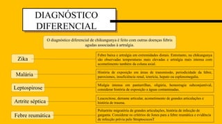 DIAGNÓSTICO
DIFERENCIAL
Febre baixa e artralgia em extremidades distais. Entretanto, na chikungunya
são observadas temperaturas mais elevadas e artralgia mais intensa com
acometimento também da coluna axial.
O diagnóstico diferencial de chikungunya é feito com outras doenças febris
agudas associadas à artralgia.
Malária
Artrite séptica
Febre reumática
Leptospirose
Zika
História de exposição em áreas de transmissão, periodicidade da febre,
paroxismos, insuficiência renal, icterícia, hepato ou esplenomegalia.
Mialgia intensa em panturrilhas, oligúria, hemorragia subconjuntival,
considerar história de exposição a águas contaminadas.
Poliartrite migratória de grandes articulações, história de infecção de
garganta. Considerar os critérios de Jones para a febre reumática e evidência
de infecção prévia pelo StreptococosT
Leucocitose, derrame articular, acometimento de grandes articulações e
história de trauma.
 
