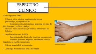 Fase aguda ou febril
ESPECTRO
CLINICO
• Febre de início súbito e surgimento de intensa
poliartralgia, acompanhada de:
Dores nas costas, rash cutâneo (presente em mais de
50% dos casos), cefaleia e fadiga;
• Duração média de sete dias; Contínua, intermitente ou
bifásica;
• A poliartralgia mais de 90%:
Dor poliarticular, bilateral e simétrica, ou assimetria.
Acomete grandes e pequenas articulações e maior
frequência as regiões mais distais.
• Edema, associado à tenossinovite.
• A mialgia de intensidade leve a moderada.
Foto: Kleber Giovani Luz.
 