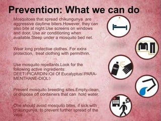 Prevention: What we can do
Mosquitoes that spread chikungunya are
aggressive daytime biters.However, they can
also bite at night.Use screens on windows
and door. Use air conditioning when
available.Sleep under a mosquito bed net.
Wear long protective clothes. For extra
protection, treat clothing with permithrin.
Use mosquito repellants.Look for the
following active ingredients:
DEET◊PICARDIN◊Oil Of Eucalyptus◊PARA-
MENTHANE-DIOL◊
Prevent mosquito breeding sites.Empty,clean,
or dispose off containers that can hold water.
One should avoid mosquito bites, if sick with
chikungunya, to prevent further spread of the
virus.
 