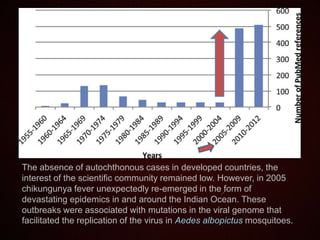 The absence of autochthonous cases in developed countries, the
interest of the scientific community remained low. However, in 2005
chikungunya fever unexpectedly re-emerged in the form of
devastating epidemics in and around the Indian Ocean. These
outbreaks were associated with mutations in the viral genome that
facilitated the replication of the virus in Aedes albopictus mosquitoes.
 