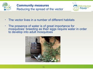 15
Community measures
Reducing the spread of the vector
• The vector lives in a number of different habitats
• The presence of water is of great importance for
mosquitoes’ breeding as their eggs require water in order
to develop into adult mosquitoes
 