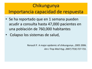 Chikungunya
Importancia capacidad de respuesta
• Se ha reportado que en 1 semana pueden
acudir a consulta hasta 47,000 pacientes en
una población de 760,000 habitantes
• Colapso los sistemas de salud,
Renault P. A major epidemic of chikungunya…2005 2006.
Am J Trop Med Hyg. 2007;77(4):727-731.
 