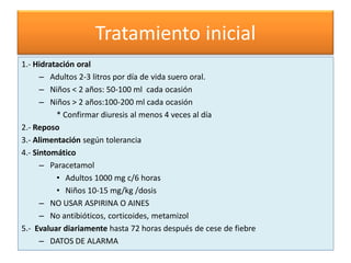 Tratamiento inicial
1.- Hidratación oral
– Adultos 2-3 litros por día de vida suero oral.
– Niños < 2 años: 50-100 ml cada ocasión
– Niños > 2 años:100-200 ml cada ocasión
* Confirmar diuresis al menos 4 veces al día
2.- Reposo
3.- Alimentación según tolerancia
4.- Sintomático
– Paracetamol
• Adultos 1000 mg c/6 horas
• Niños 10-15 mg/kg /dosis
– NO USAR ASPIRINA O AINES
– No antibióticos, corticoides, metamizol
5.- Evaluar diariamente hasta 72 horas después de cese de fiebre
– DATOS DE ALARMA
 