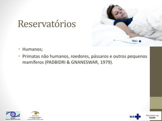 Reservatórios
• Humanos;
• Primatas não humanos, roedores, pássaros e outros pequenos
mamíferos (PADBIDRI & GNANESWAR, 1979).
 