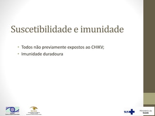 Suscetibilidade e imunidade
• Todos não previamente expostos ao CHIKV;
• Imunidade duradoura
 