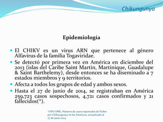 Chikungunya
Epidemiología
 El CHIKV es un virus ARN que pertenece al género
Alfavirus de la familia Togaviridae.
 Se detectó por primera vez en América en diciembre del
2013 (islas del Caribe Saint Martin, Martinique, Guadalupe
& Saint Barthelemy), desde entonces se ha diseminado a 7
estados miembros y 9 territorios.
 Afecta a todos los grupos de edad y ambos sexos.
 Hasta el 27 de junio de 2014, se registraban en América
259,723 casos sospechosos, 4,721 casos confirmados y 21
fallecidos(*).
*OPS-OMS, Número de casos reportados de Fiebre
por Chikungunya en las Américas, actualizado al
27 de junio 2014
 