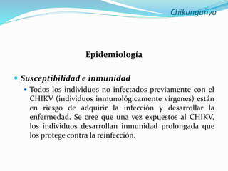 Chikungunya
Epidemiología
 Susceptibilidad e inmunidad
 Todos los individuos no infectados previamente con el
CHIKV (individuos inmunológicamente vírgenes) están
en riesgo de adquirir la infección y desarrollar la
enfermedad. Se cree que una vez expuestos al CHIKV,
los individuos desarrollan inmunidad prolongada que
los protege contra la reinfección.
 