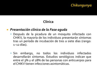 Clínica
 Presentación clínica de la Fase aguda
 Después de la picadura de un mosquito infectado con
CHIKV, la mayoría de los individuos presentarán síntomas
tras un período de incubación de tres a siete días (rango:
1−12 días).
 Sin embargo, no todos los individuos infectados
desarrollarán síntomas. Estudios serológicos indican que
entre el 3% y el 28% de las personas con anticuerpos para
el CHIKV tienen infecciones asintomáticas.
 