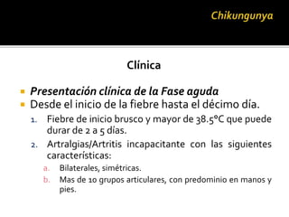 Clínica
 Presentación clínica de la Fase aguda
 Desde el inicio de la fiebre hasta el décimo día.
1. Fiebre de inicio brusco y mayor de 38.5°C que puede
durar de 2 a 5 días.
2. Artralgias/Artritis incapacitante con las siguientes
características:
a. Bilaterales, simétricas.
b. Mas de 10 grupos articulares, con predominio en manos y
pies.
 