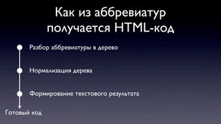 Как из аббревиатур
получается HTML-код
Разбор аббревиатуры в дерево
Нормализация дерева
Формирование текстового результата
Готовый код
 