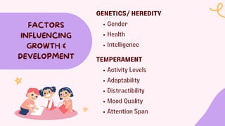 GENETICS/ HEREDITY
Gender
Health
Intelligence
FACTORS
INFLUENCING
GROWTH &
DEVELOPMENT TEMPERAMENT
Activity Levels
Adaptability
Distractibility
Mood Quality
Attention Span
 