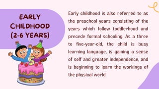 Early childhood is also referred to as
the preschool years consisting of the
years which follow toddlerhood and
precede formal schooling. As a three
to five-year-old, the child is busy
learning language, is gaining a sense
of self and greater independence, and
is beginning to learn the workings of
the physical world.
EARLY
CHILDHOOD
(2-6 YEARS)
 